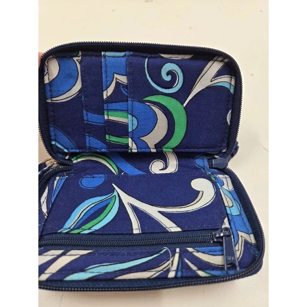 Vera Bradley quilted cotton wristlet wallet navy blue green small zip around